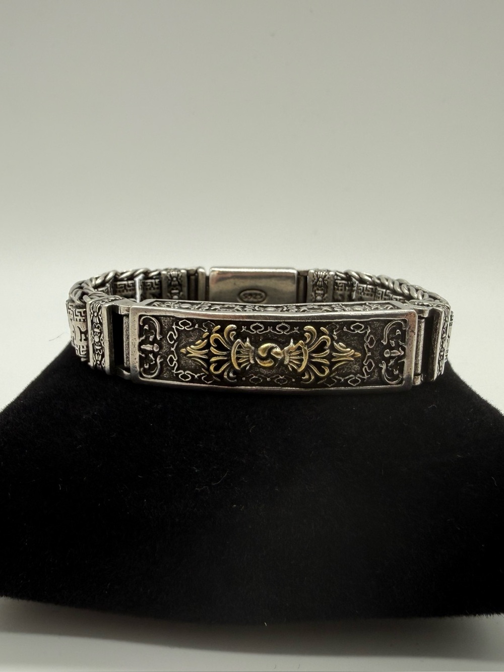 Heavy 925 Sterling Silver Bracelet Ornate Panel Link Gold Accent 55g 7”